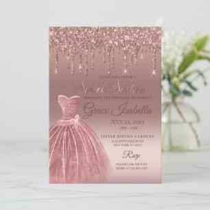 Rose Gold Glitter Drip Sweet Sixteen Birthday Invitation