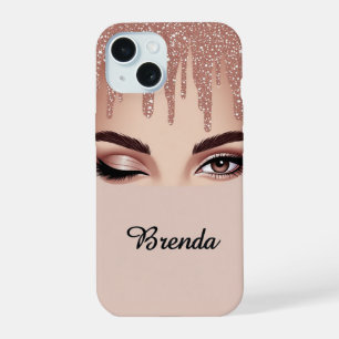 Rose Gold Glitter Drip With Feminine Eye Makeup iPhone 15 Case