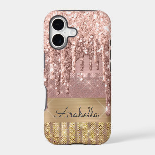 Rose Gold Glitter Dripping Gold Stripes Monogram