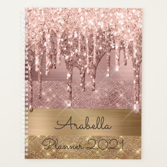 Rose Gold Glitter Dripping Gold Stripes Monogram Planner (Front)