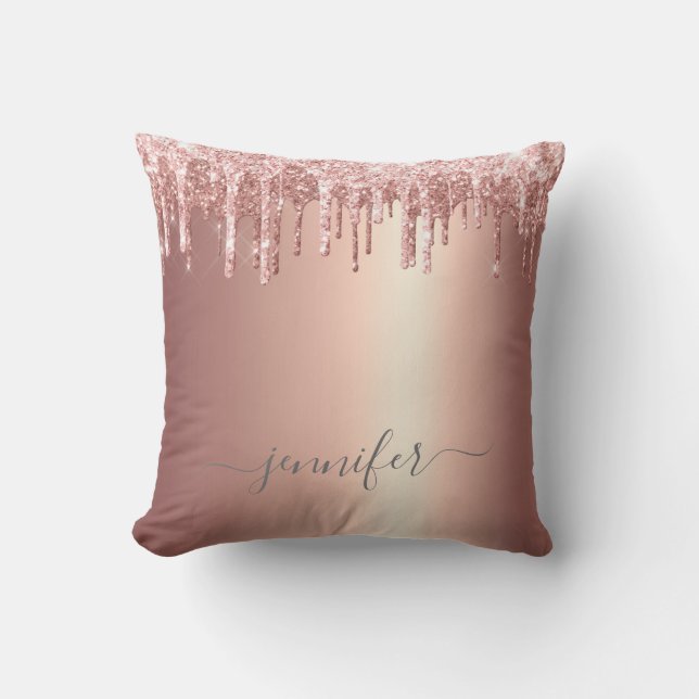 Rose Gold Glitter Dripping Monogram Throw Pillow (Front)
