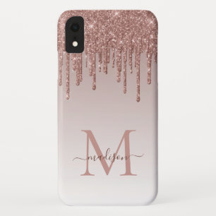 Rose Gold Glitter Dripping Sparkle Monogram Script iPhone XR Case