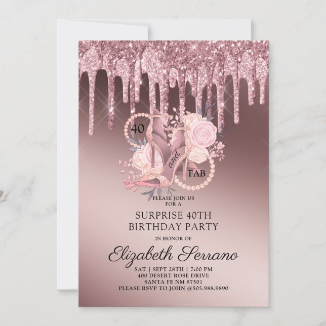 Rose Gold Glitter Drips 40th Surprise Birthday  Invitation (Front)