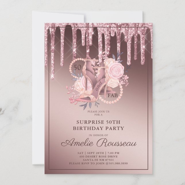 Rose Gold Glitter Drips 50th Birthday Invitation (Front)