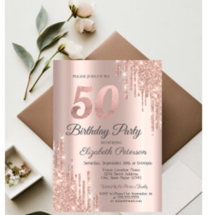 Rose Gold Glitter Drips 50th Birthday Party Invitation