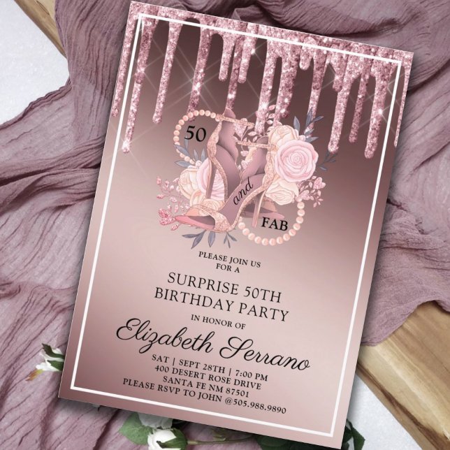 Rose Gold Glitter Drips 50th Birthday Surprise Invitation (Creator Uploaded)