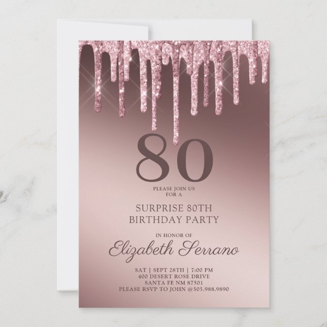 Rose Gold Glitter Drips 70th Birthday Surprise Inv Invitation (Front)