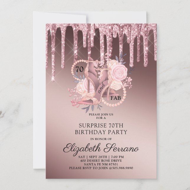 Rose Gold Glitter Drips 70th Birthday Surprise Invitation (Front)