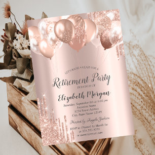 Rose Gold Glitter Drips Balloons Retirement Invitation