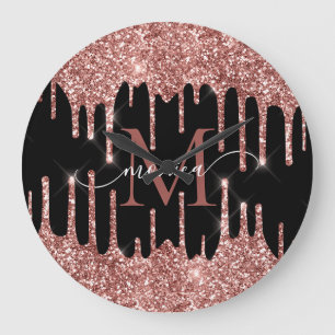 Rose Gold Glitter Drips Black Monogram Personalize Large Clock