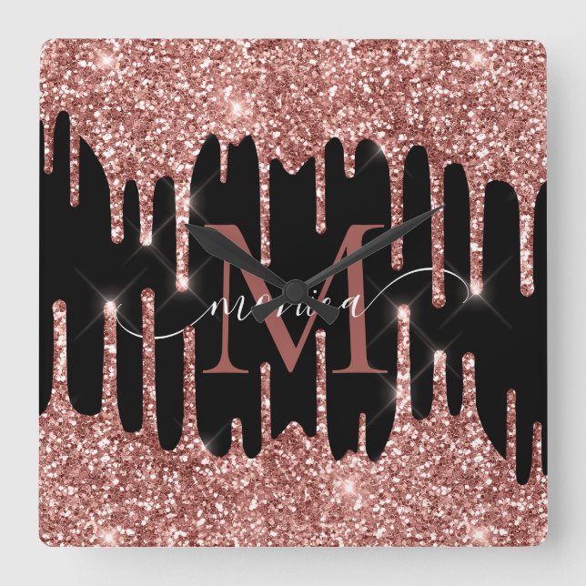 Rose Gold Glitter Drips Black Monogram Personalize Square Wall Clock (Front)