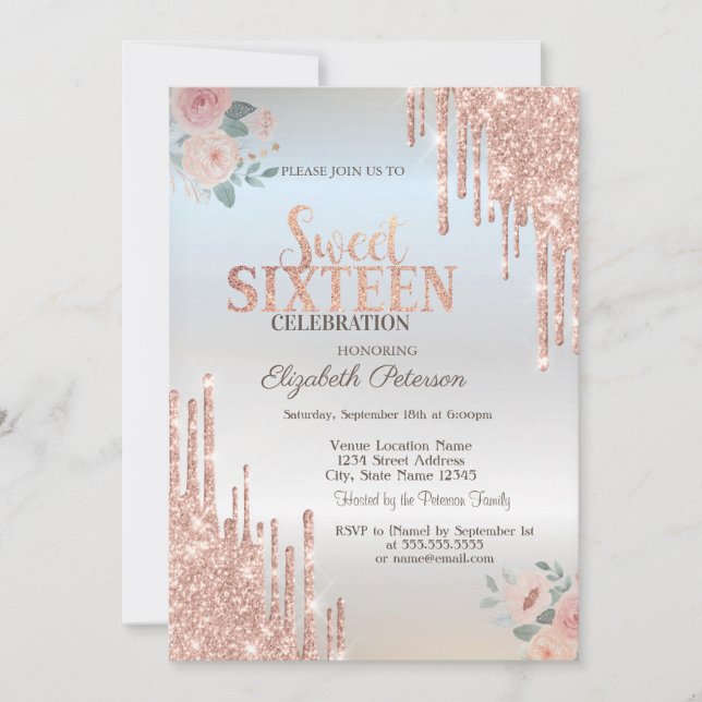 Rose Gold Glitter Drips Boho Roses Silver Sweet 16 Invitation (Front)
