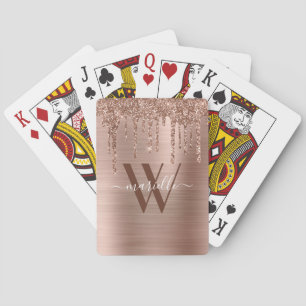 Rose Gold Glitter Drips Brushed Metal Red Monogram Playing Cards