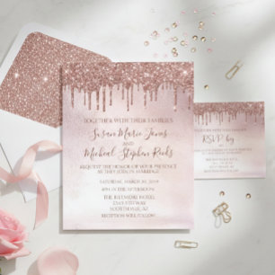 Rose Gold Glitter Drips  Calligraphy Wedding Invit Flyer