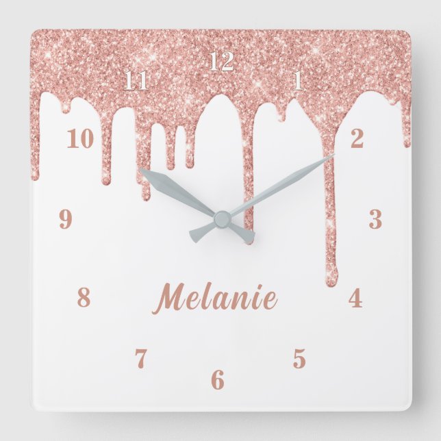  Rose Gold Glitter Drips Clock with Custom Name (Front)