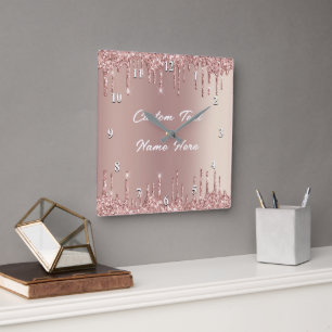 Rose Gold Glitter Drips Clock with Custom Text