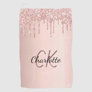 Rose gold glitter drips custom monogram name  golf towel