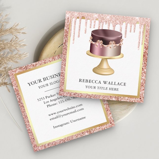 Rose Gold Glitter Drips Custom Pink Cake Bakery Square Business Card (Creator Uploaded)