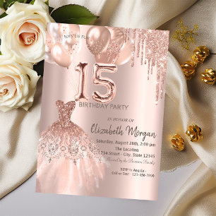 Rose Gold Glitter Drips Dress Balloons Quinceanera Invitation