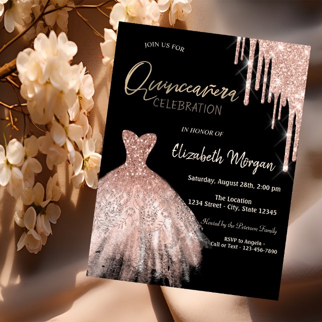 Rose Gold Glitter Drips Dress Black Quinceañera  Invitation (Creator Uploaded)