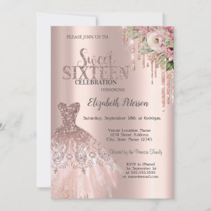 Rose Gold Glitter Drips Dress Floral Sweet 16 Invitation