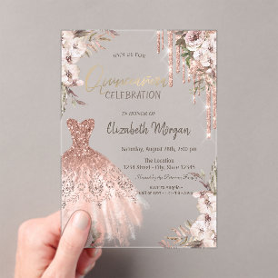 Rose Gold Glitter Drips Dress Flowers Quinceañera Acrylic Invitations