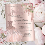 Rose Gold Glitter Drips,Dress Flowers Sweet 16 Invitation<br><div class="desc">Elegant rose gold dress,  flowers,  and rose gold glitter drip on a rose gold background.</div>
