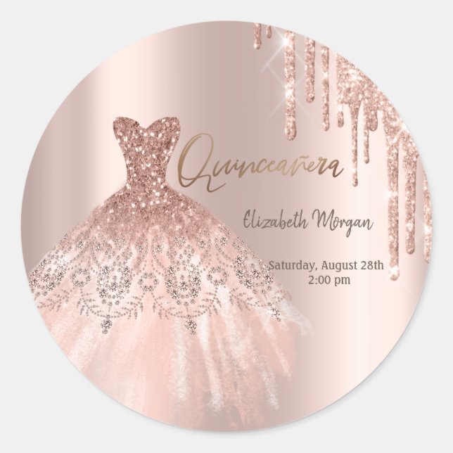 Rose Gold Glitter Drips Dress Quinceañera Classic Round Sticker (Front)