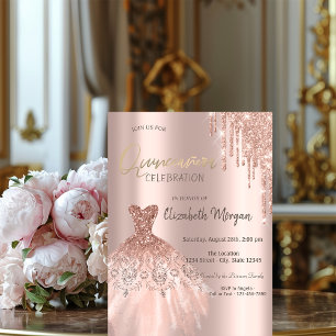 Rose Gold Glitter Drips Dress Quinceañera Invitati Invitation