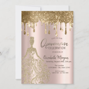 Rose Gold Glitter Drips Dress Quinceanera  Invitation