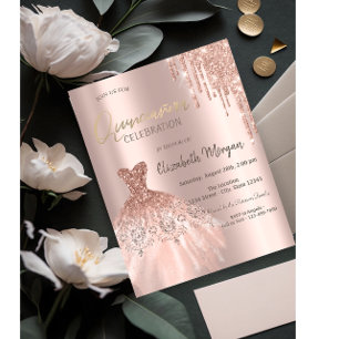 Rose Gold Glitter Drips Dress Quinceañera Invitation