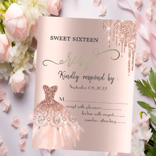 Rose Gold Glitter Drips Dress Sweet 16 RSVP   Invitation