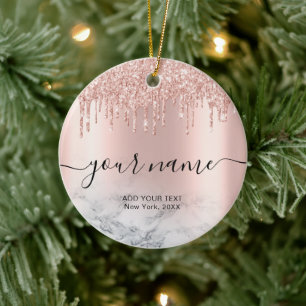Rose Gold Glitter Drips Elegant Chic Script Name Ceramic Ornament