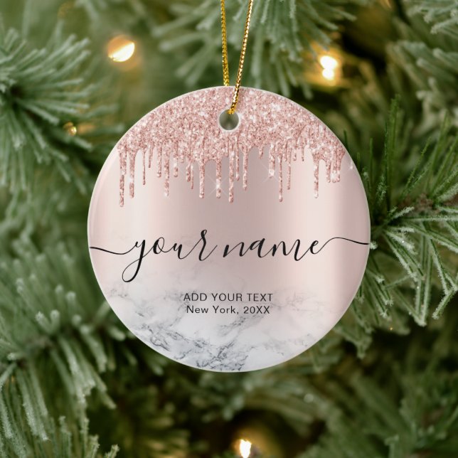 Rose Gold Glitter Drips Elegant Chic Script Name Ceramic Ornament (Tree)