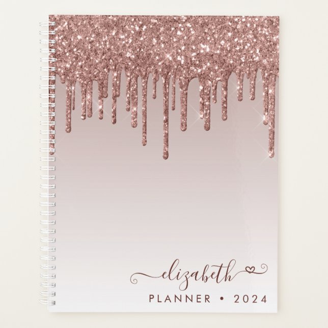 Rose Gold Glitter Drips Elegant Heart Script 2021 Planner (Front)