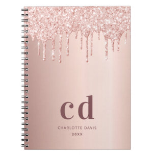 Rose gold glitter drips glam monogram luxury notebook