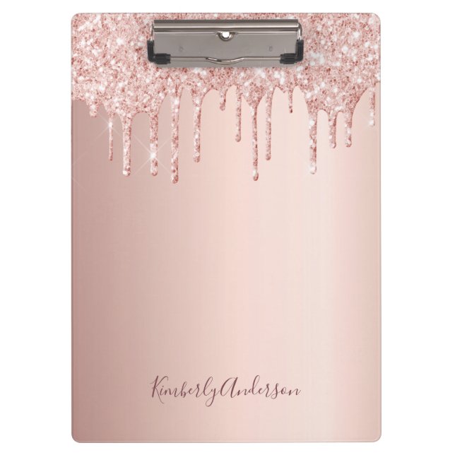 Rose gold glitter drips glam pink name script clipboard (Front)