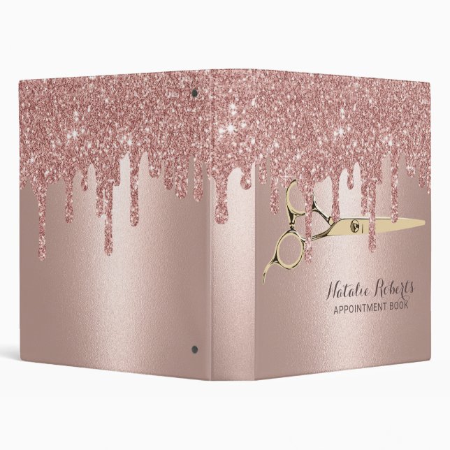 Rose Gold Glitter Drips Gold Scissor Hair Salon  Binder (Background)