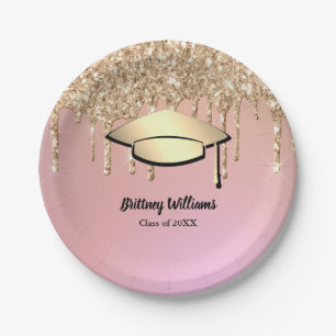 Rose Gold Glitter Drips Graduation Themed Paper Plate