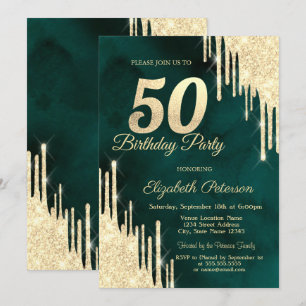 Rose Gold Glitter Drips Green 50th Birthday Party Invitation