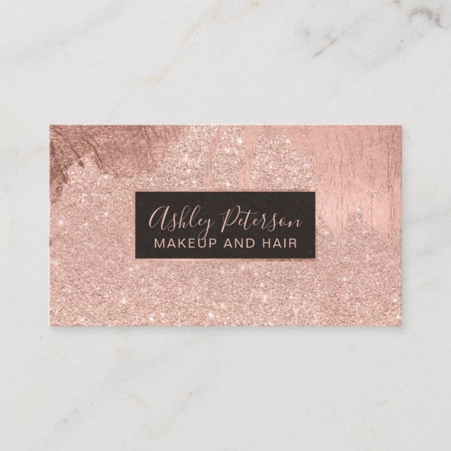 Rose gold glitter drips hair makeup typography business card (Front)