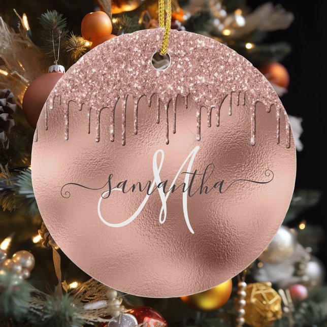 Rose Gold Glitter Drips Hand Written Script name Ceramic Ornament (Creator Uploaded)