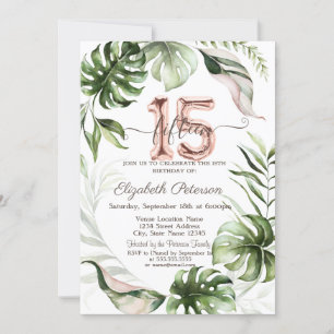  Rose Gold Glitter Drips Leaves 15th Invitation