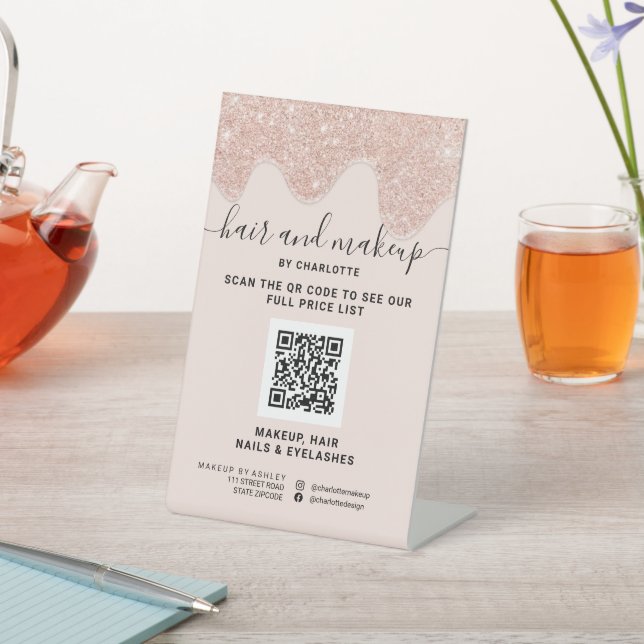 Rose gold glitter drips makeup digital QR price Pedestal Sign (In SItu)