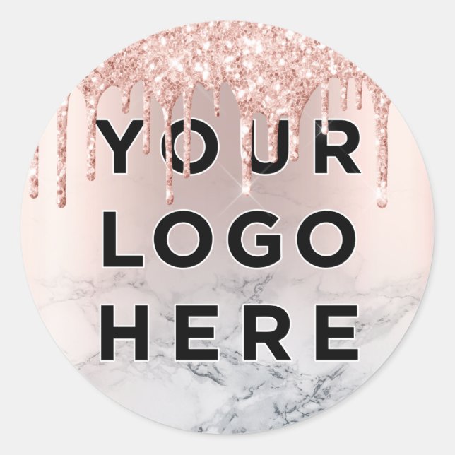 Rose Gold Glitter Drips Marble Business Logo Classic Round Sticker (Front)