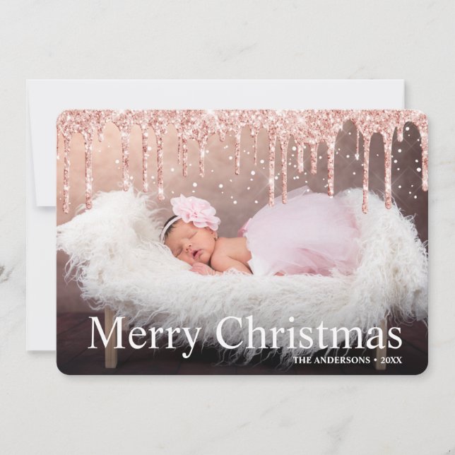  Rose Gold Glitter Drips Merry Christmas Photo  Holiday Card (Front)