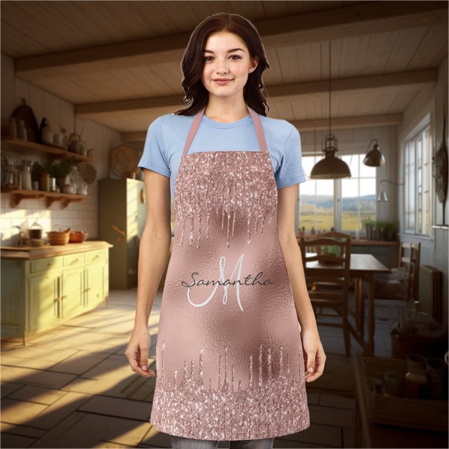 Rose Gold Glitter Drips Metallic Foil Personalized Apron (Creator Uploaded)