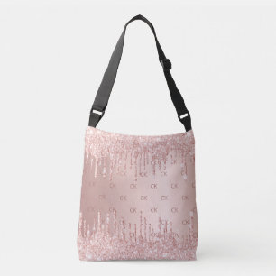 Rose gold glitter drips monogram elegant crossbody bag