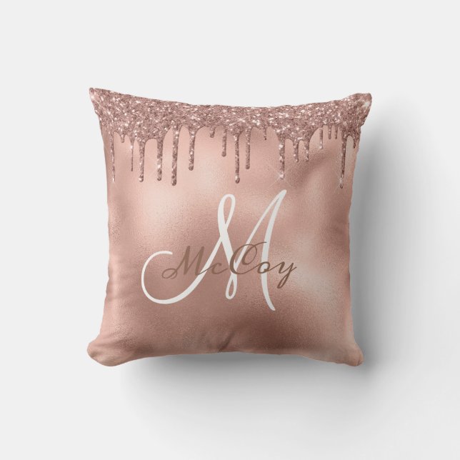 Rose Gold Glitter Drips Monogram Family Name Throw Pillow (Front)