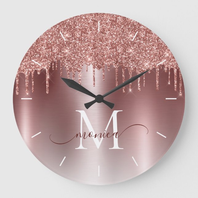 Rose Gold Glitter Drips Monogram Metallic Large Clock (Front)